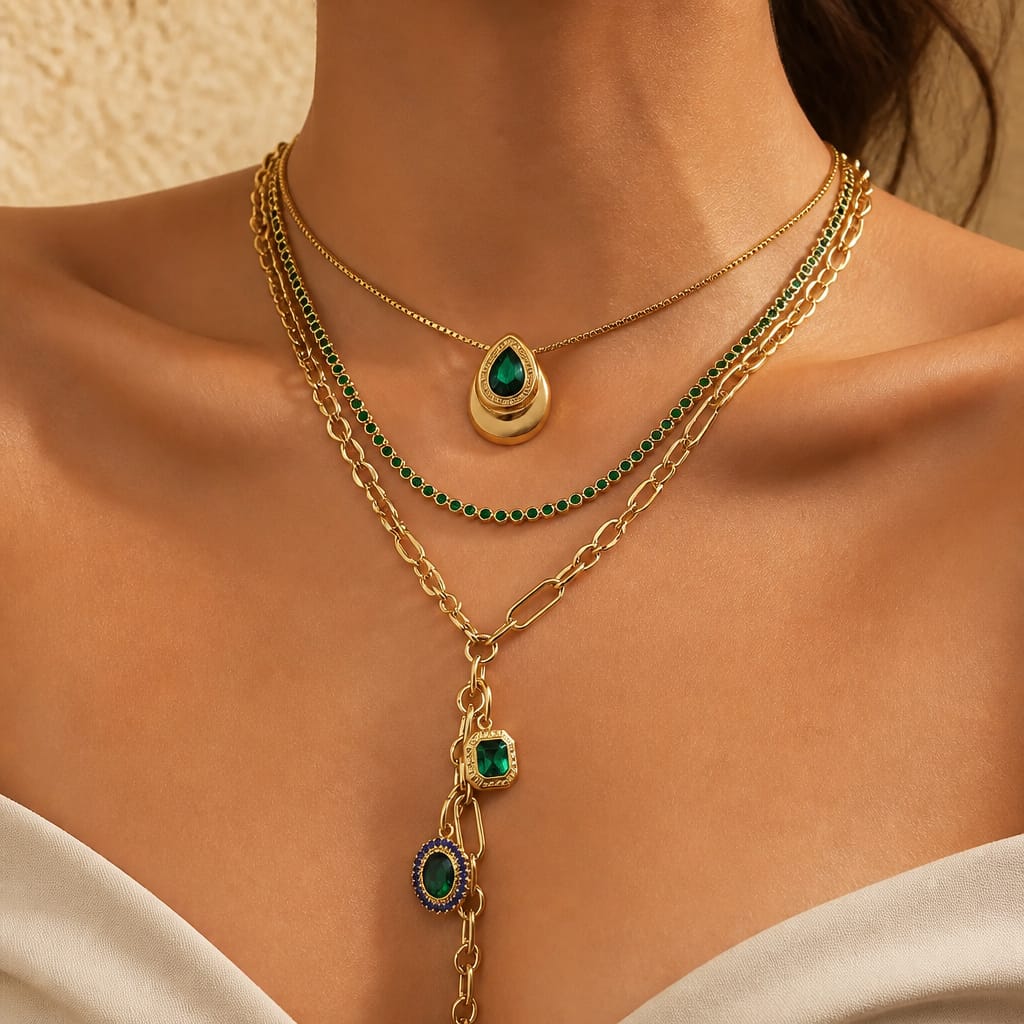 A close-up of a model's neck and chest wearing a layered gold necklace set with emerald green stones, including a teardrop pendant, a chain-link necklace, and a lariat-style drop necklace.