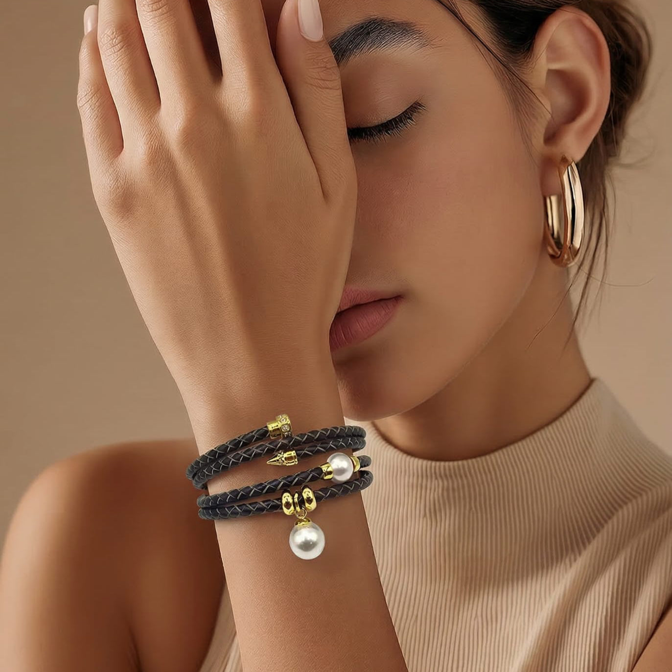 Leather and Pearl Wrap Bracelet